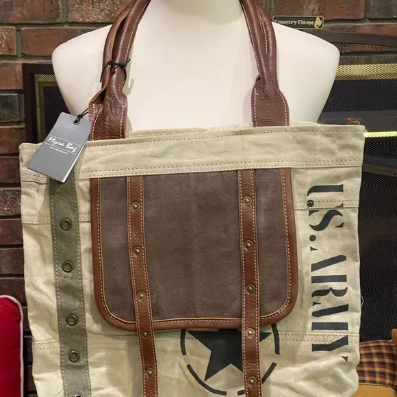 Myra Bag Vintage Style Canvas and Leather Army Tote Bag - Picture 2 of 7